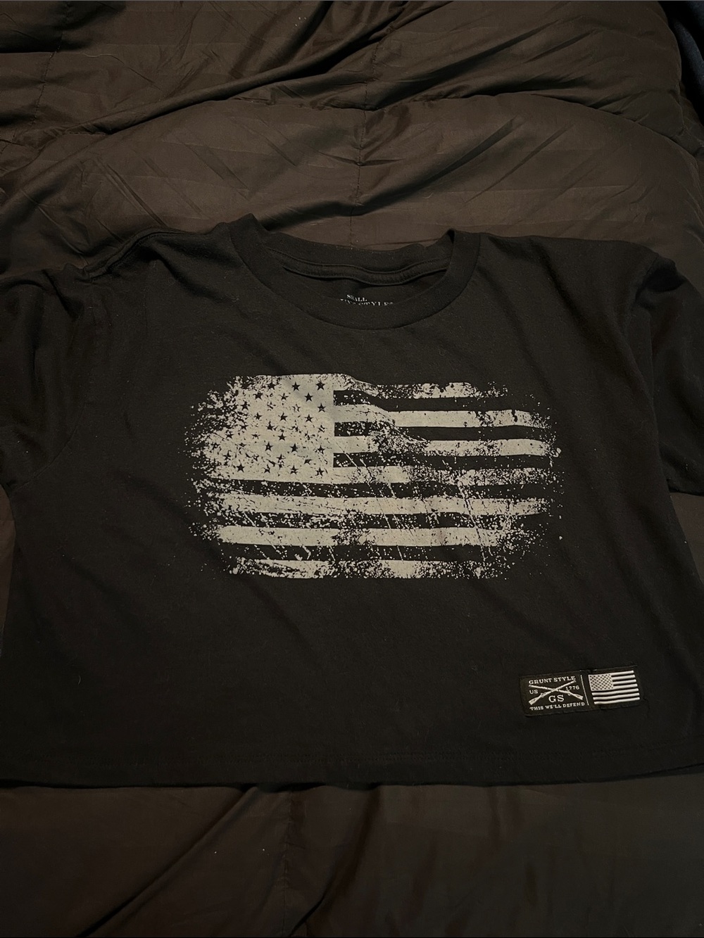 Grunt Style Black Short Sleeve Tee with Distressed White Flag Graphic